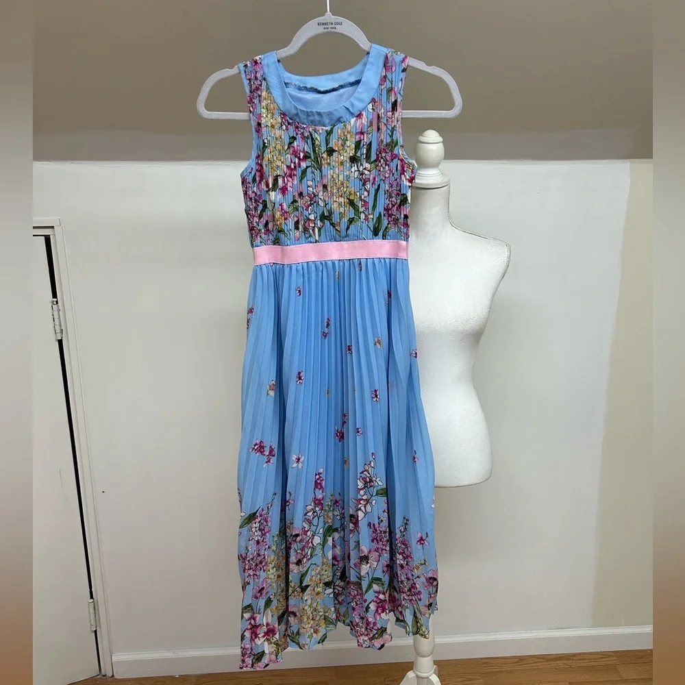 Blue Floral Girls' Dress with Pink Waistband
